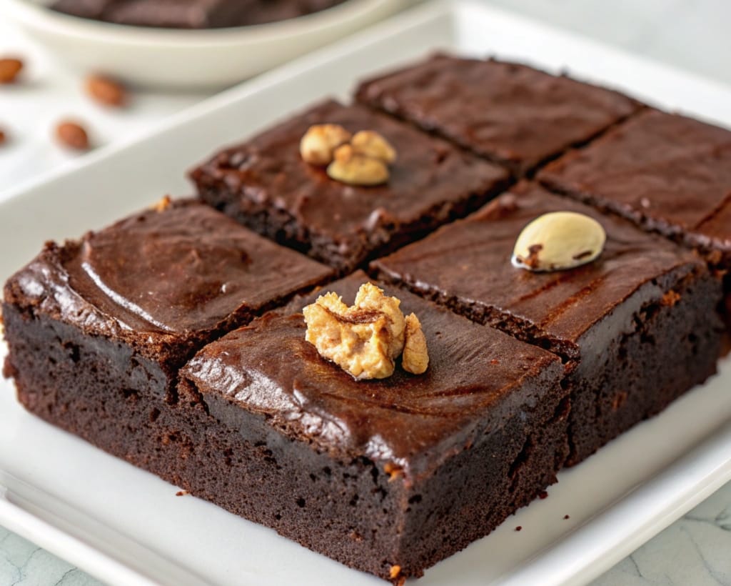 Freshly baked cakey chocolate brownies stacked on a plate, perfect for dessert.