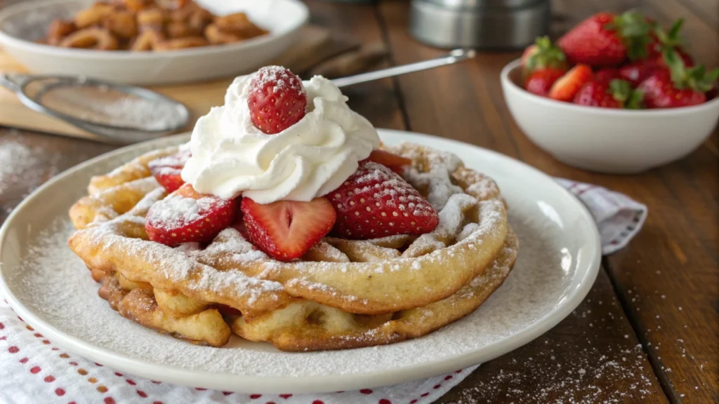 Delicious funnel cake made from a pancake mix recipe, served with toppings.
