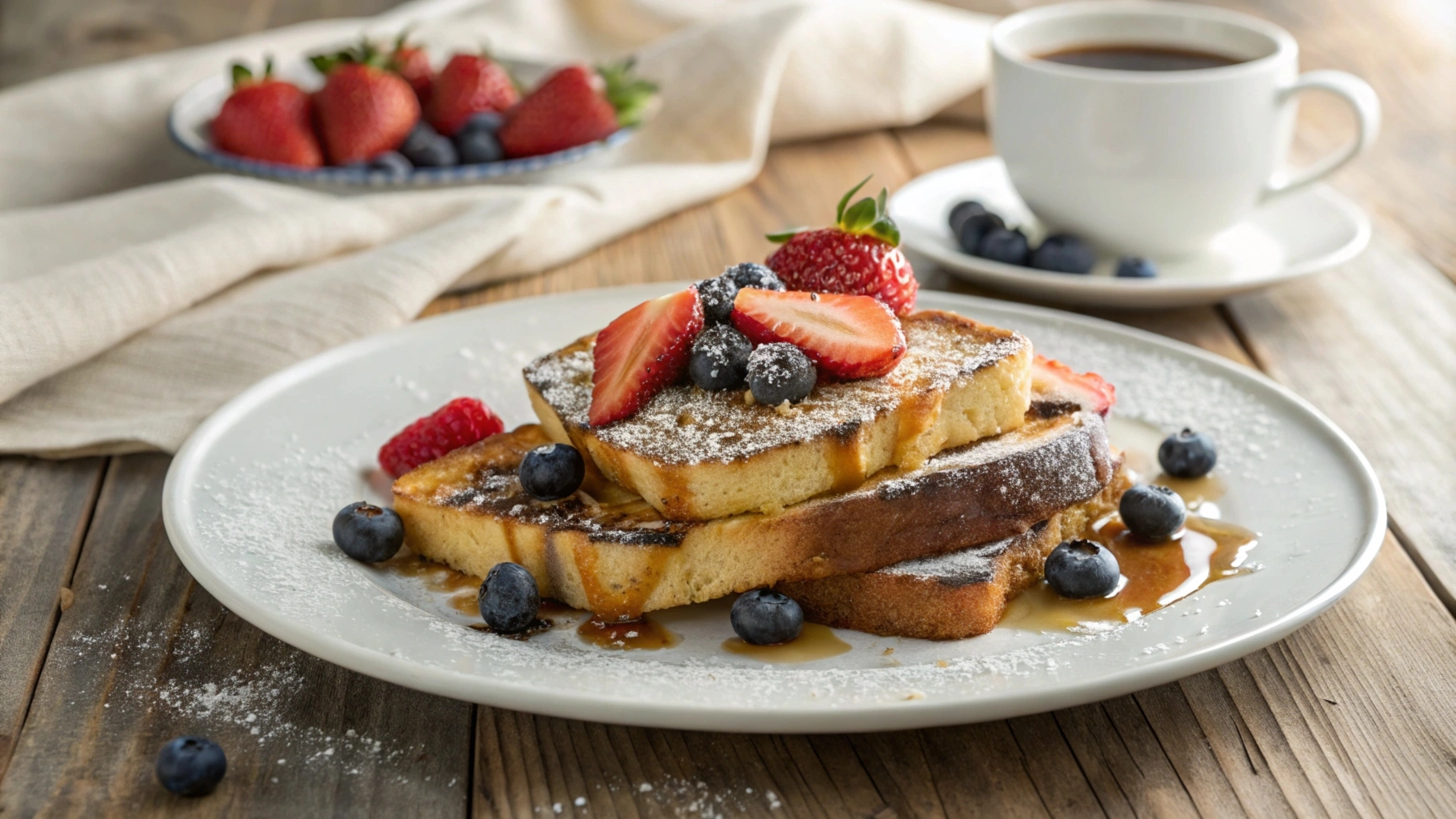 Delicious French toast made with brioche, topped with fresh berries and syrup.