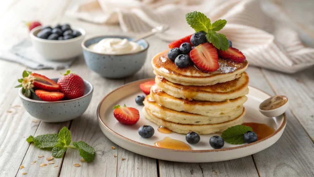  Fluffy Greek yogurt pancakes topped with fresh berries and syrup, showcasing a delicious and healthy breakfast option.