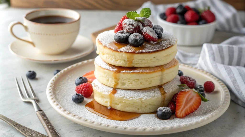 Deliciously fluffy Japanese souffle pancakes served with syrup and berries.
