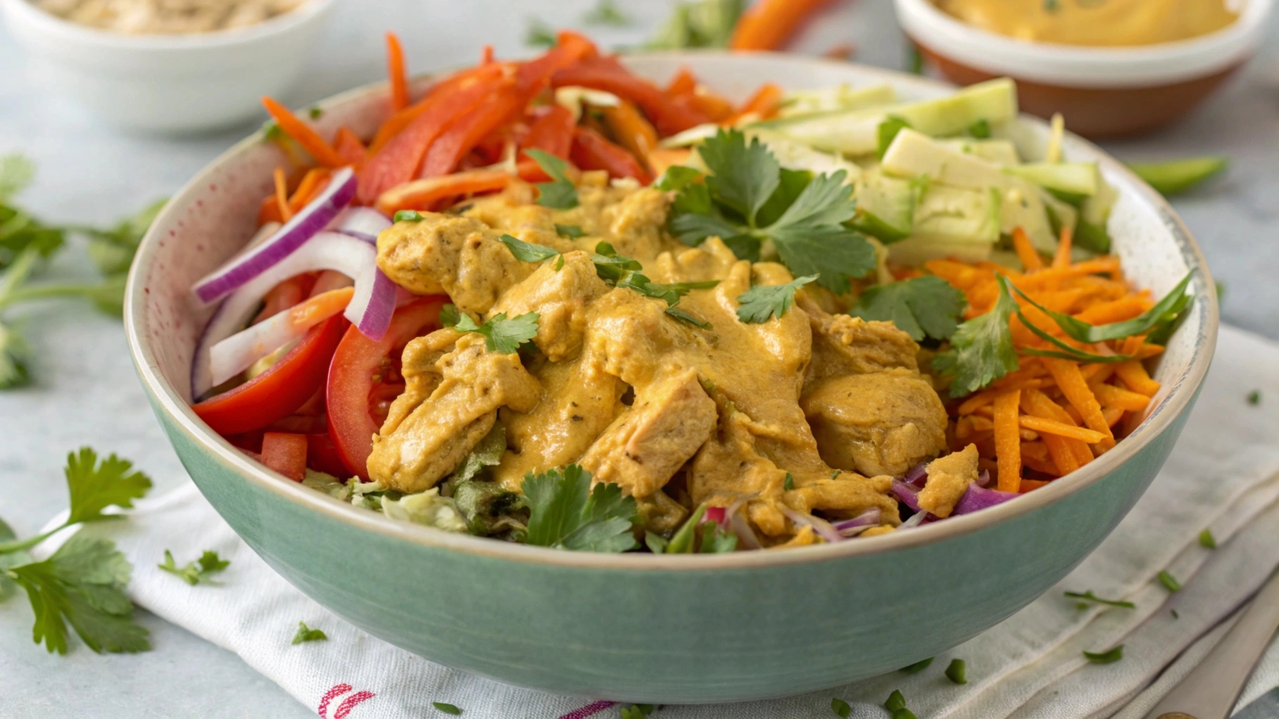 A delicious bowl of chicken curry salad with vegetables and a creamy dressing, ideal for a healthy meal or meal prep.