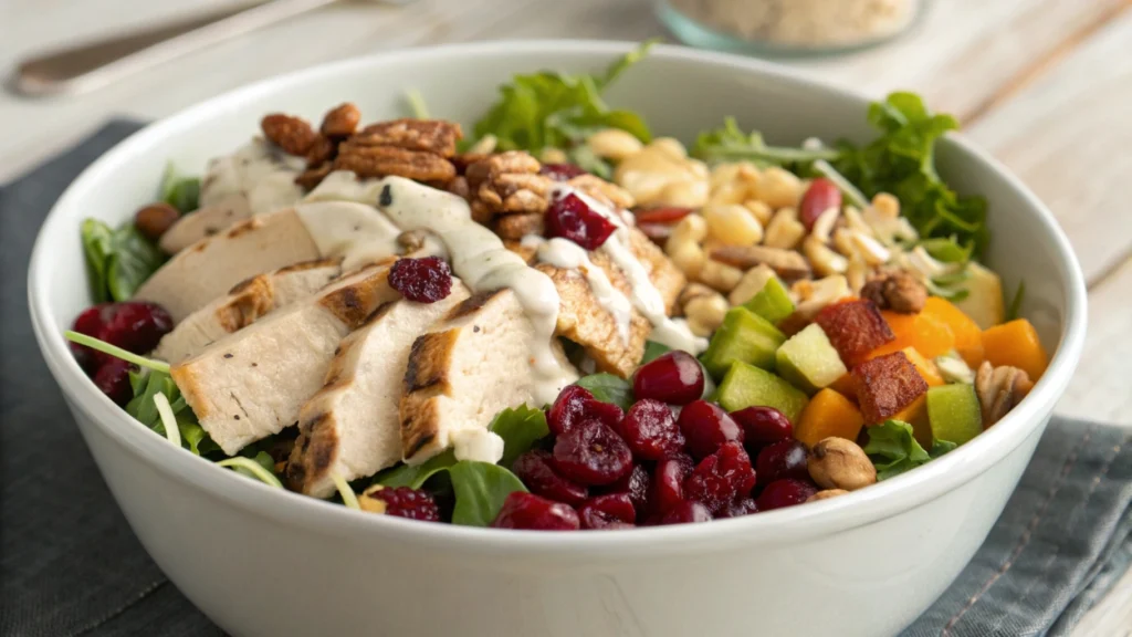 Chicken salad with cranberries, mixed greens, nuts, and a creamy dressing. A healthy and delicious meal packed with nutrients.