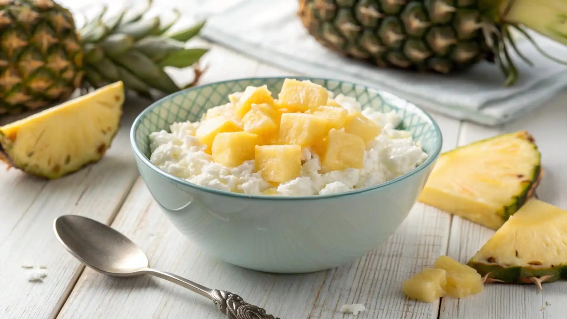 A bowl of cottage cheese topped with fresh pineapple chunks, served with a spoon, set on a light wooden table with pineapple slices around it.