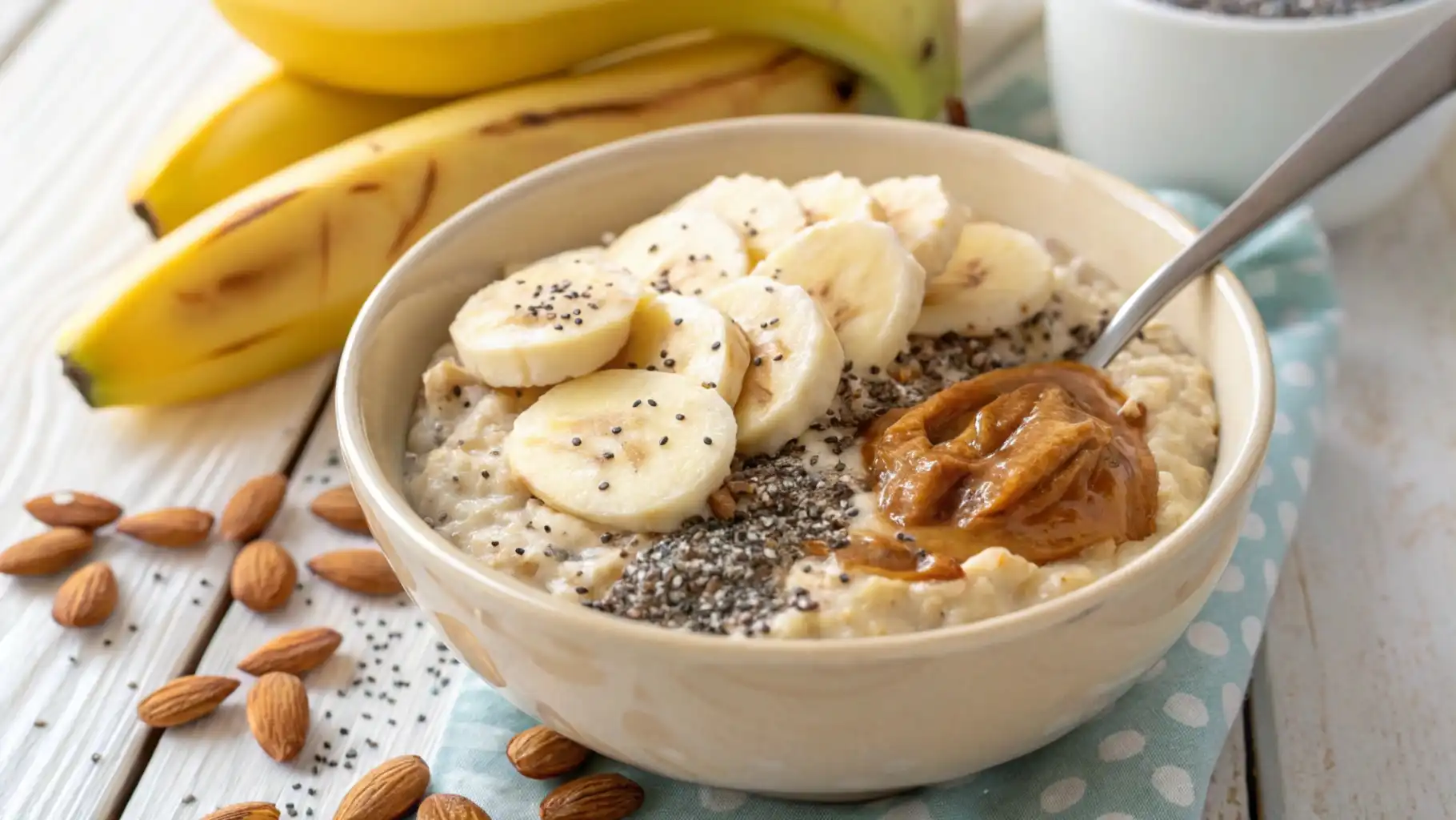 A bowl of creamy oatmeal topped with sliced bananas, almond butter, chia seeds, and almonds, perfect for a healthy and satisfying breakfast.