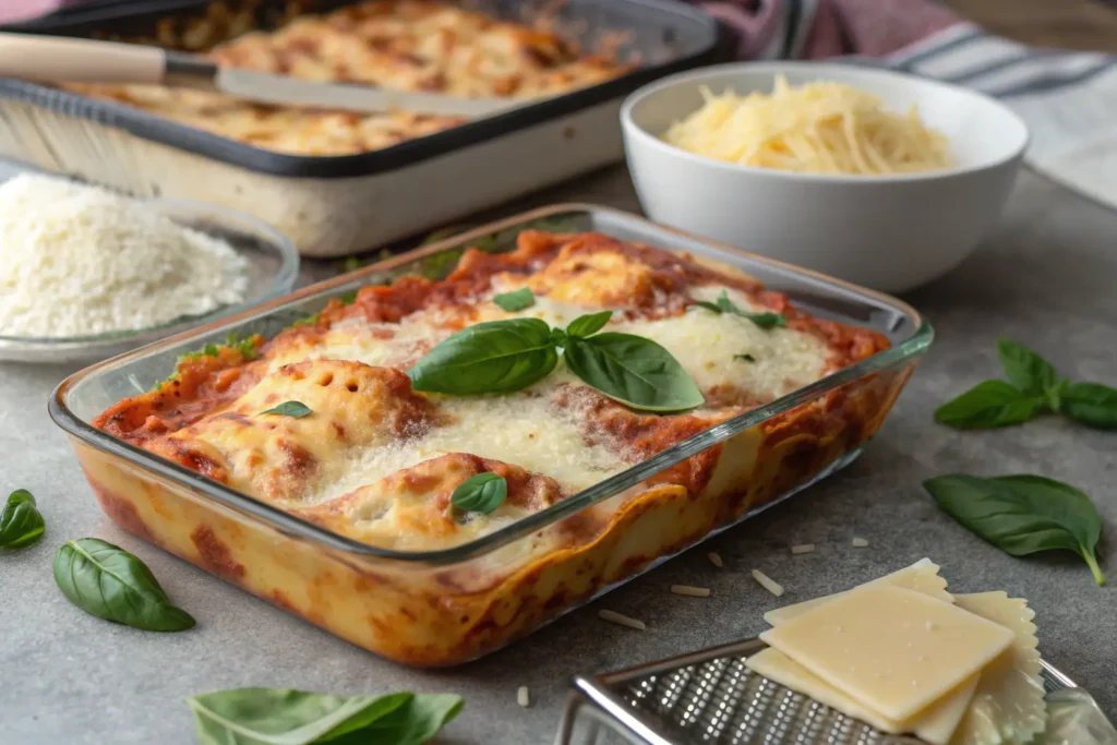 Close-up of freshly baked ravioli lasagna in a glass dish, topped with melted cheese and fresh basil leaves.