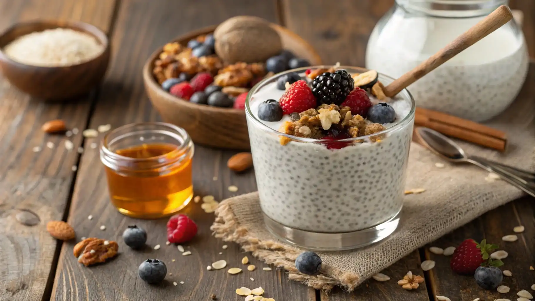 A creamy chia pudding made with coconut milk, topped with fresh berries, nuts, and a drizzle of honey in a glass jar.