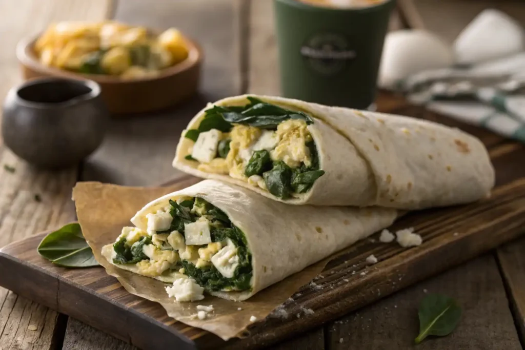 A spinach and feta breakfast wrap with scrambled eggs, spinach, and feta cheese wrapped in a soft tortilla, served on a wooden table.