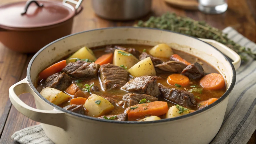 A bowl of rich, flavorful beef stew made in a Dutch oven with tender beef, vegetables, and aromatic broth.