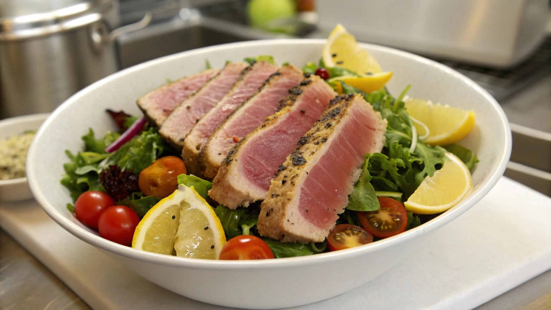 Fresh tuna salad served in a bowl with mixed greens, cherry tomatoes, and a lemon wedge for garnish.