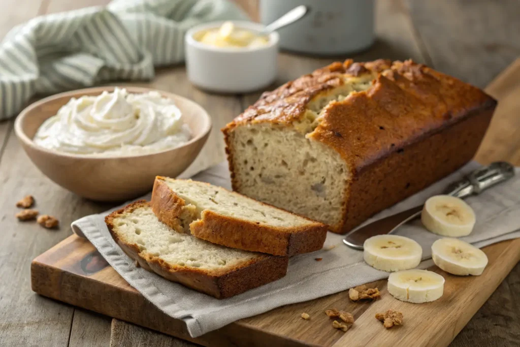 A loaf of freshly baked banana bread with slices cut and topped with cream cheese. A bowl of whipped cream and banana slices are visible in the background.