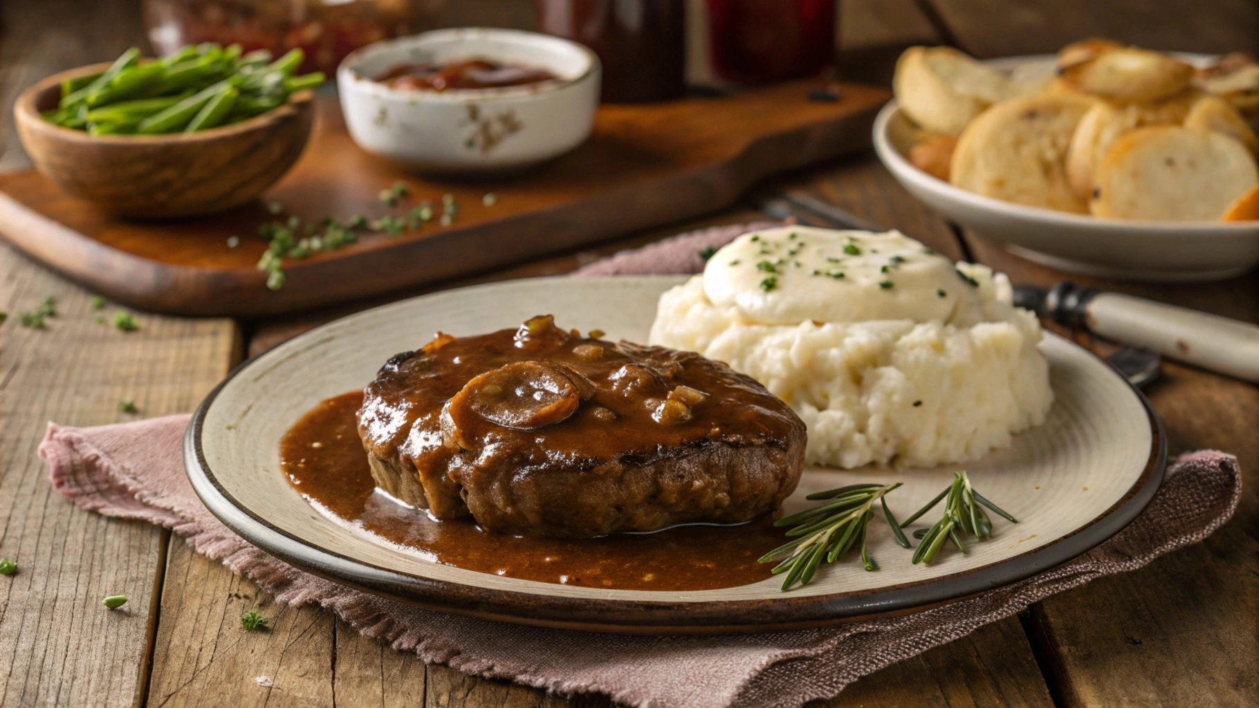 Juicy hamburger steak topped with rich brown gravy, served with mashed potatoes and vegetables