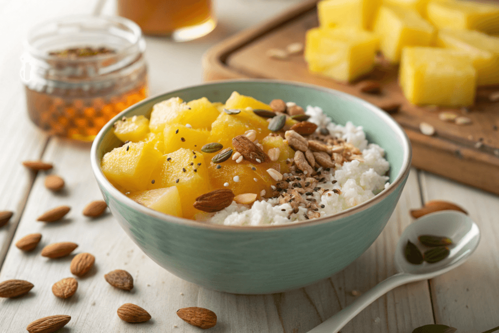 A bowl of cottage cheese topped with fresh pineapple chunks, almonds, and seeds, accompanied by honey, sesame seeds, and almonds on the side.