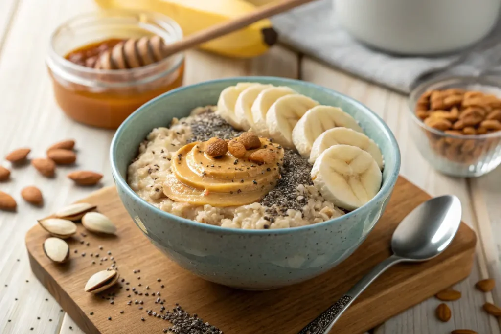 A nutritious bowl of oatmeal with banana slices, almond butter, chia seeds, and almonds, with honey in the background.