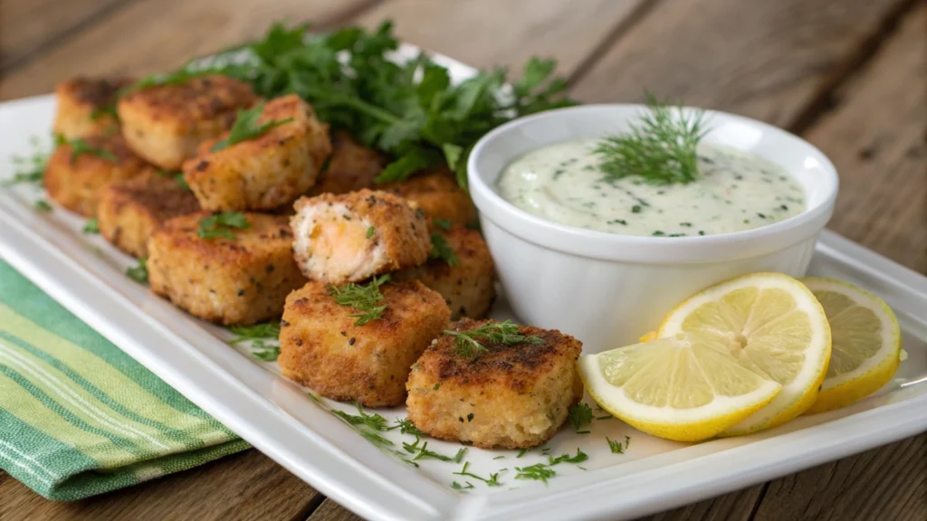 Crispy salmon bites served with a lemon dill dipping sauce, perfect for a healthy snack or appetizer.