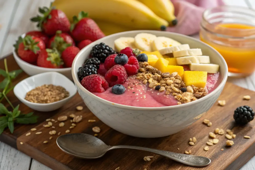 A vibrant smoothie bowl topped with fresh bananas, mango cubes, raspberries, blackberries, blueberries, and granola, with a spoon on the side.