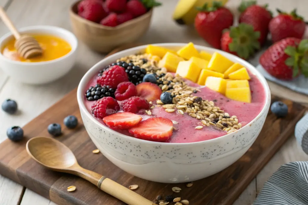 A vibrant smoothie bowl topped with fresh strawberries, raspberries, blackberries, mango cubes, and granola, with honey and extra fruit in the background.