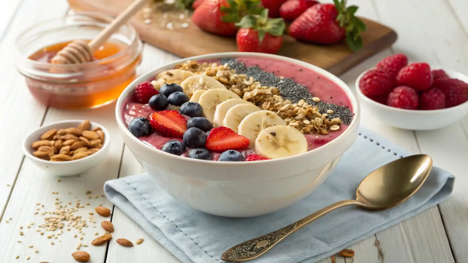 A vibrant Ninja Creami smoothie bowl filled with frozen fruits like strawberries, blueberries, and bananas, topped with granola, chia seeds, and honey.