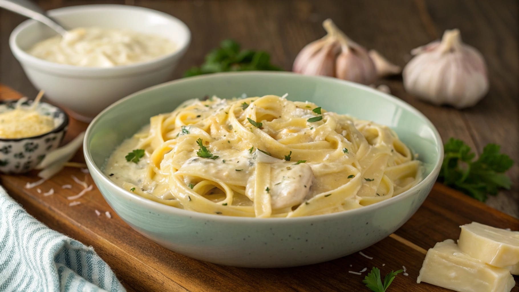 A bowl of creamy Alfredo sauce made without cream, served over pasta.