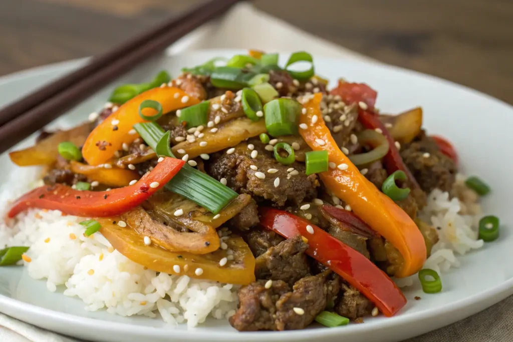 A colorful stir-fry featuring ground beef with red and orange bell peppers, green onions, and sesame seeds, served over white rice.