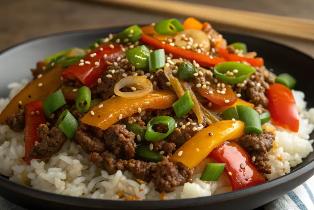 Stir-fry featuring ground beef, red and yellow bell peppers, green onions, and sesame seeds, served over white rice.