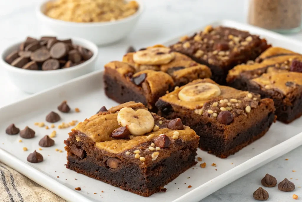A close-up image showcasing banana bread brownies topped with chocolate chips, banana slices, and nuts. The brownies have a rich, fudgy texture, combining the flavors of banana bread and chocolate.