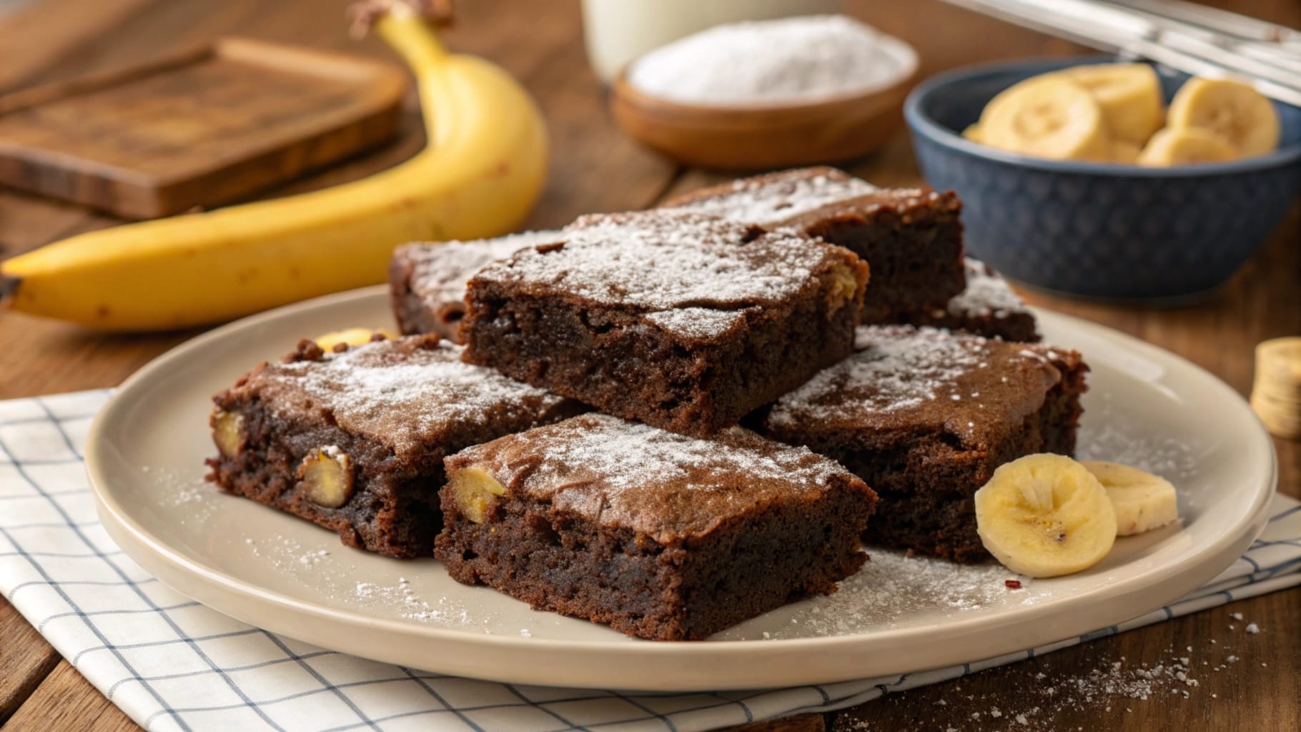 A plate of rich banana bread brownies topped with chocolate drizzle and walnuts, showcasing a delicious dessert option.