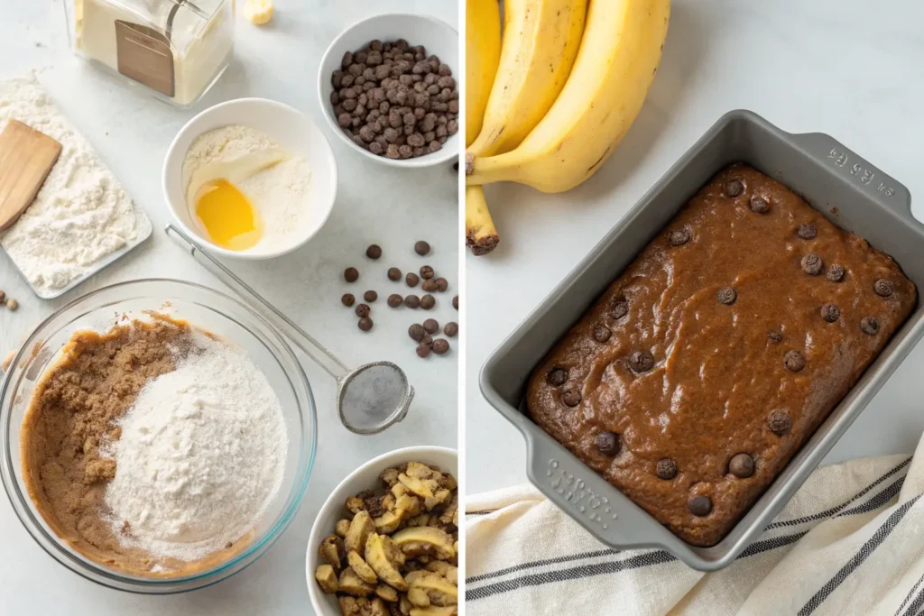 Step-by-step image showing the preparation of banana bread brownies with ingredients like mashed bananas, chocolate chips, and a baking pan ready for the oven.