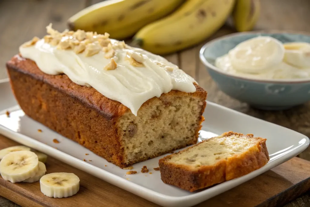 A loaf of banana bread with cream cheese frosting and chopped nuts on top. The bread is sliced and served with banana slices on the side. A bowl of whipped cream is placed in the background, and fresh bananas are visible.