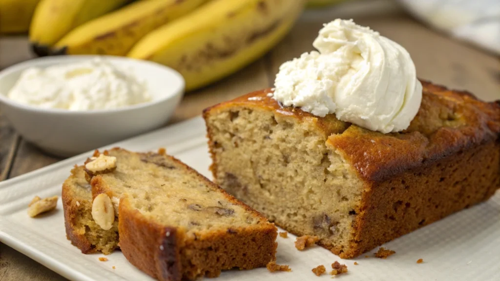 Image of a freshly baked banana bread topped with cream cheese frosting.
