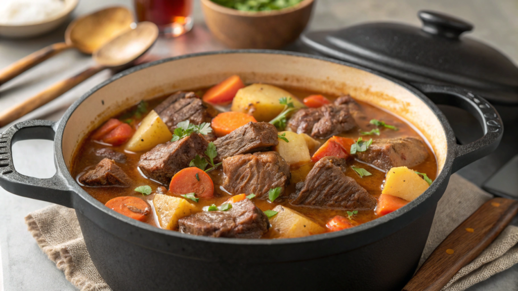  Beef stew recipe in a Dutch oven with tender beef, carrots, and potatoes simmering on the stove.
