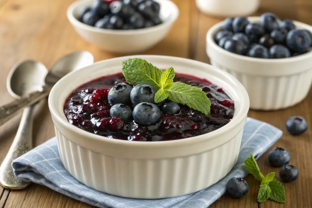 Blueberry compote served in a bowl, garnished with fresh mint leaves and topped with blueberries.