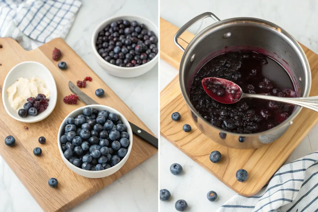 Fresh blueberries and a saucepan with blueberry compote being stirred.