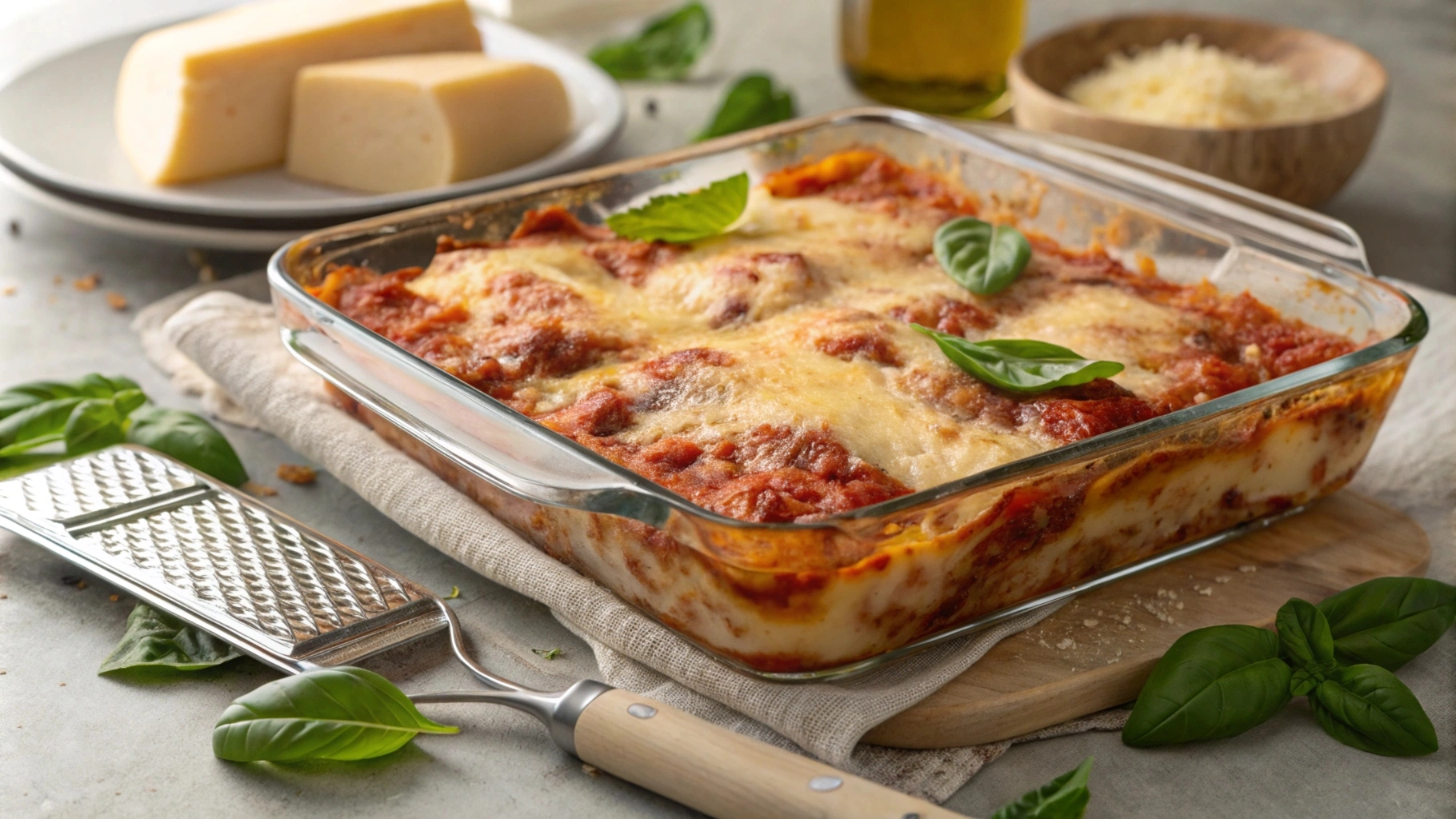 Layered ravioli lasagna with melted cheese and marinara sauce in a baking dish, ready to serve.