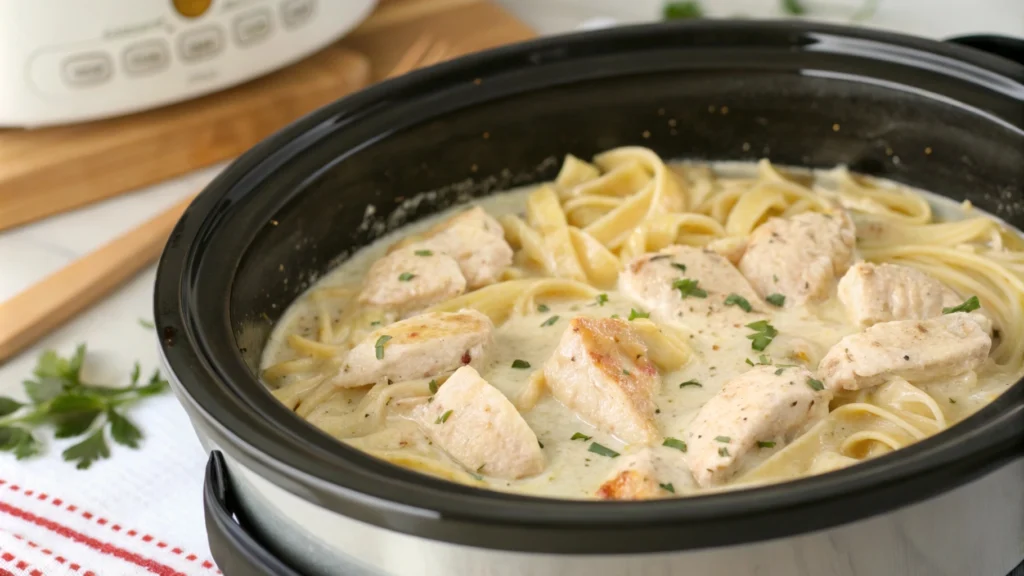 Slow-cooked Chicken Alfredo served over pasta, garnished with fresh parsley and creamy Alfredo sauce, made in a crockpot for a comforting meal.