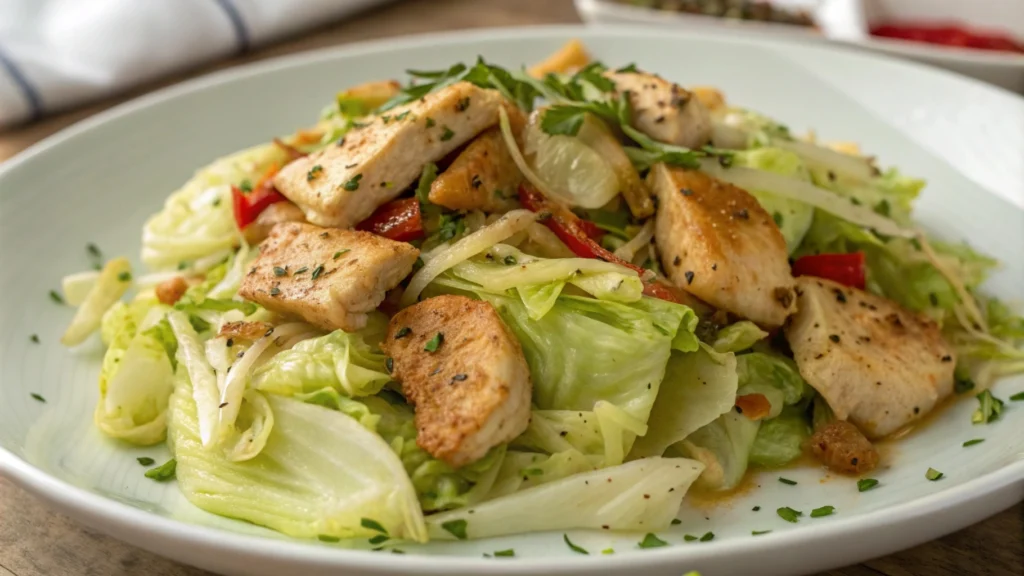 Cooked chicken and cabbage served in a skillet with seasoning and garnishes