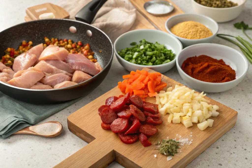 A variety of ingredients for a chicken and chorizo recipe including diced chicken, chorizo slices, carrots, onions, and spices.
