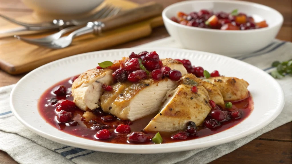 Juicy chicken topped with cranberry sauce, served with fresh herbs and vegetables for a flavorful and vibrant meal.