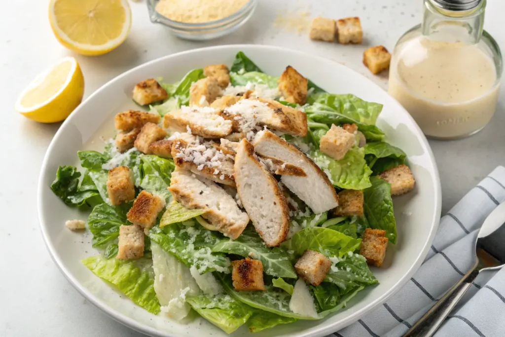 A freshly prepared chicken Caesar salad with grilled chicken, croutons, and grated Parmesan cheese on top of Romaine lettuce, with lemon and Caesar dressing on the side.