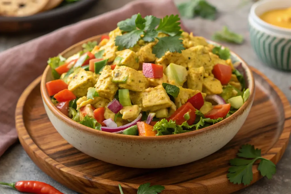 A bowl of chicken curry salad with colorful vegetables like tomatoes, cucumber, red onion, and bell pepper, garnished with fresh cilantro.