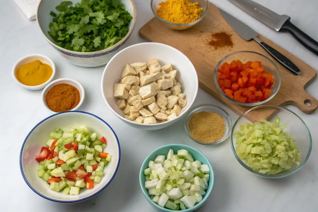 The image showcases the essential ingredients for a flavorful chicken curry salad, including diced chicken, fresh vegetables like cucumbers, tomatoes, and celery, along with aromatic spices like curry powder and turmeric. These ingredients will combine to create a healthy, vibrant salad.