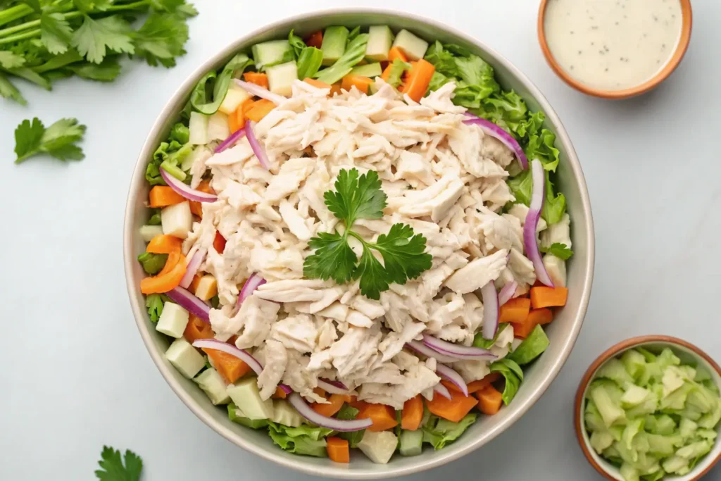 A large bowl of chicken salad with shredded chicken, mixed vegetables like carrots, cucumber, and celery, garnished with fresh cilantro