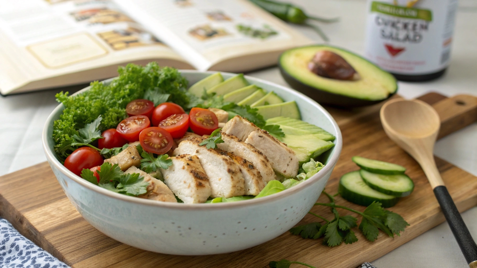 A delicious and healthy chicken salad made with fresh vegetables, chicken, and a creamy dressing, perfect for a light meal or picnic.