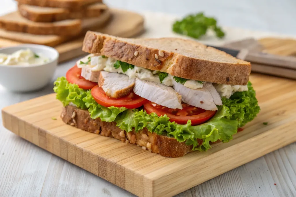 A freshly made chicken salad sandwich with lettuce, tomatoes, and slices of grilled chicken on whole-grain bread.