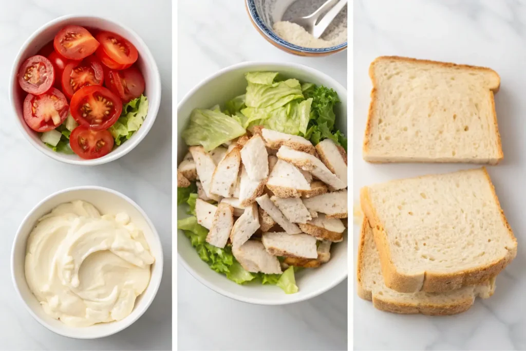 Step-by-step preparation for a chicken salad sandwich with tomatoes, lettuce, chicken, and bread.