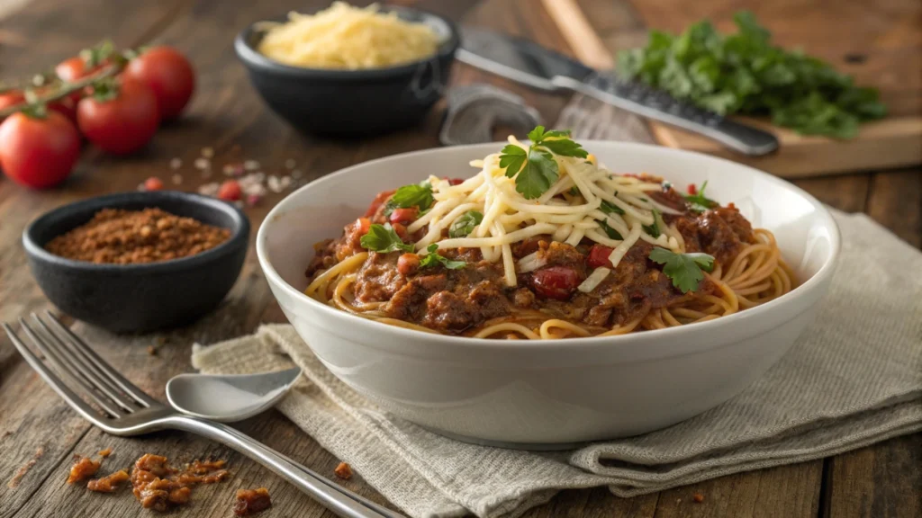 Bowl of chili spaghetti topped with shredded cheese and fresh herbs.