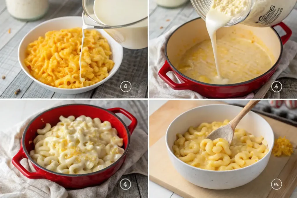  A step-by-step guide for making creamy Costco mac and cheese, showing the pasta, cheese sauce, and final preparation.