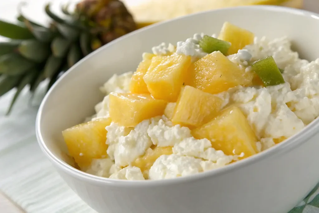 A bowl of cottage cheese topped with fresh pineapple chunks, with a slice of pineapple in the background.