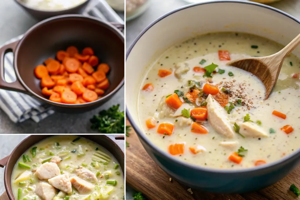 Step-by-step images of making cream of chicken soup, with sliced carrots, chicken breast pieces, and a finished bowl of creamy soup garnished with parsley.