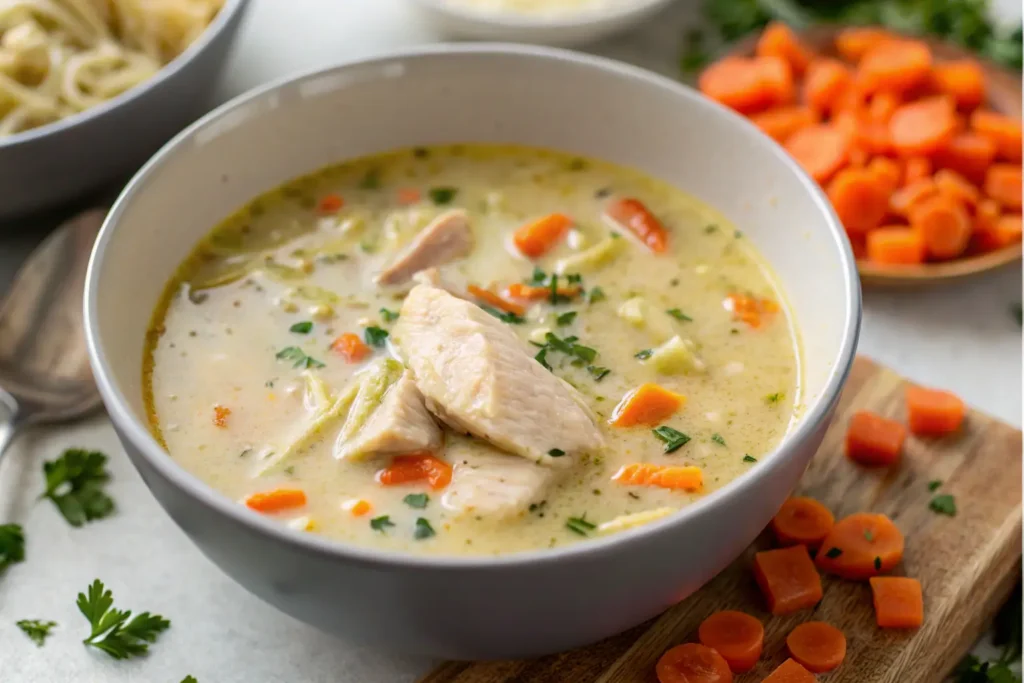 A bowl of homemade cream of chicken soup with chunks of chicken, carrots, and herbs, garnished with fresh parsley.